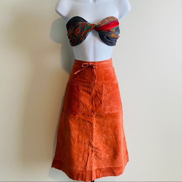 Vintage Rust Genuine Leather Suede A-line Skirt w Front Pockets by Dollhouse S - Picture 2 of 11